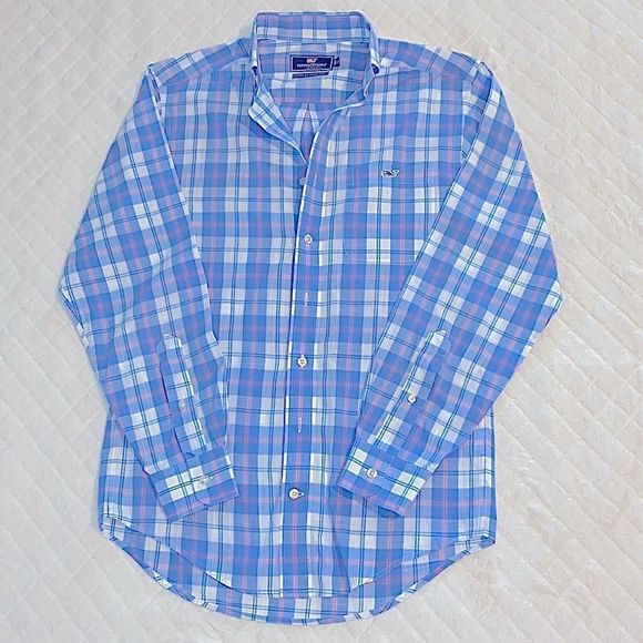 Vineyard Vines Classic Fit Tucker Shirt Blue White Coral Plaid Button Down - Picture 1 of 12